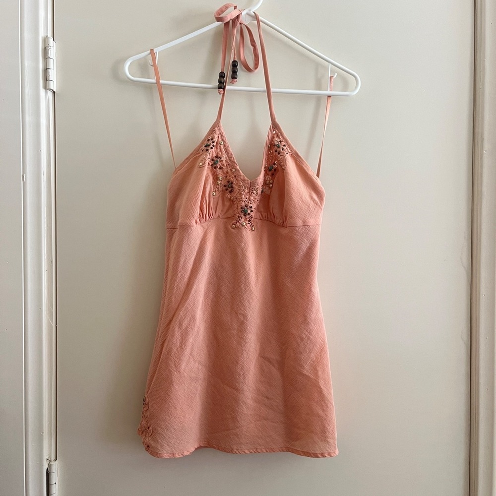 Vintage Express Silk Lined Beaded Crochet Halter Babydoll Tank Top S Peach Y2K
